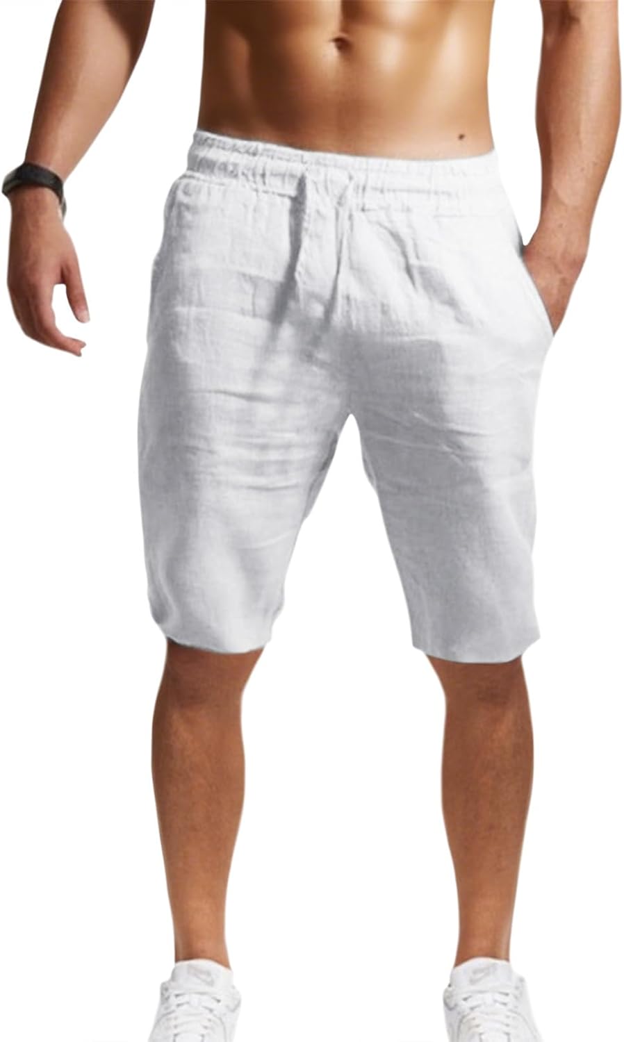 GYMTSL Mens Linen Shorts Casual Loose Fit Elastic Drawstring Waist Straight Leg Summer Beach Vacation Bermuda Shorts