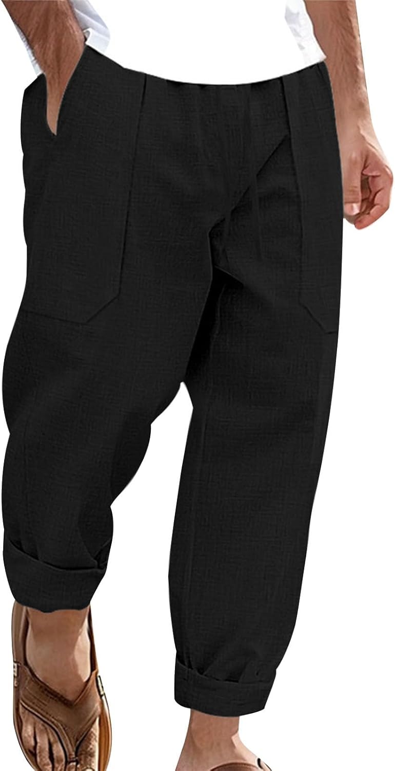 gukoo Linen Pants Men Summer Lightweight Casual Relaxed Fit Elastic Waist Yoga Travel Vacation Beach Pants with Pockets