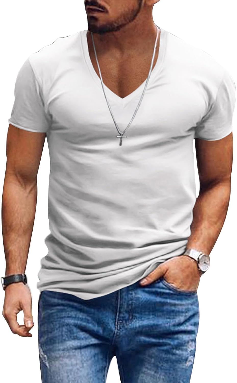 Alivebody Mens T Shirts Solid Color Deep V Neck Basic Muscle Fit Tee Muscle Slim Fit Low Cut Stretch Soft Lightweight Tshirt
