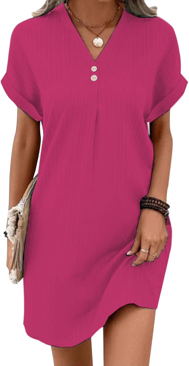 gukoo Summer Dresses for Women 2025 Button V Neck Short Sleeve Pleated Solid Loose Fit Casual Work Ladies Mini T Shirt Dress