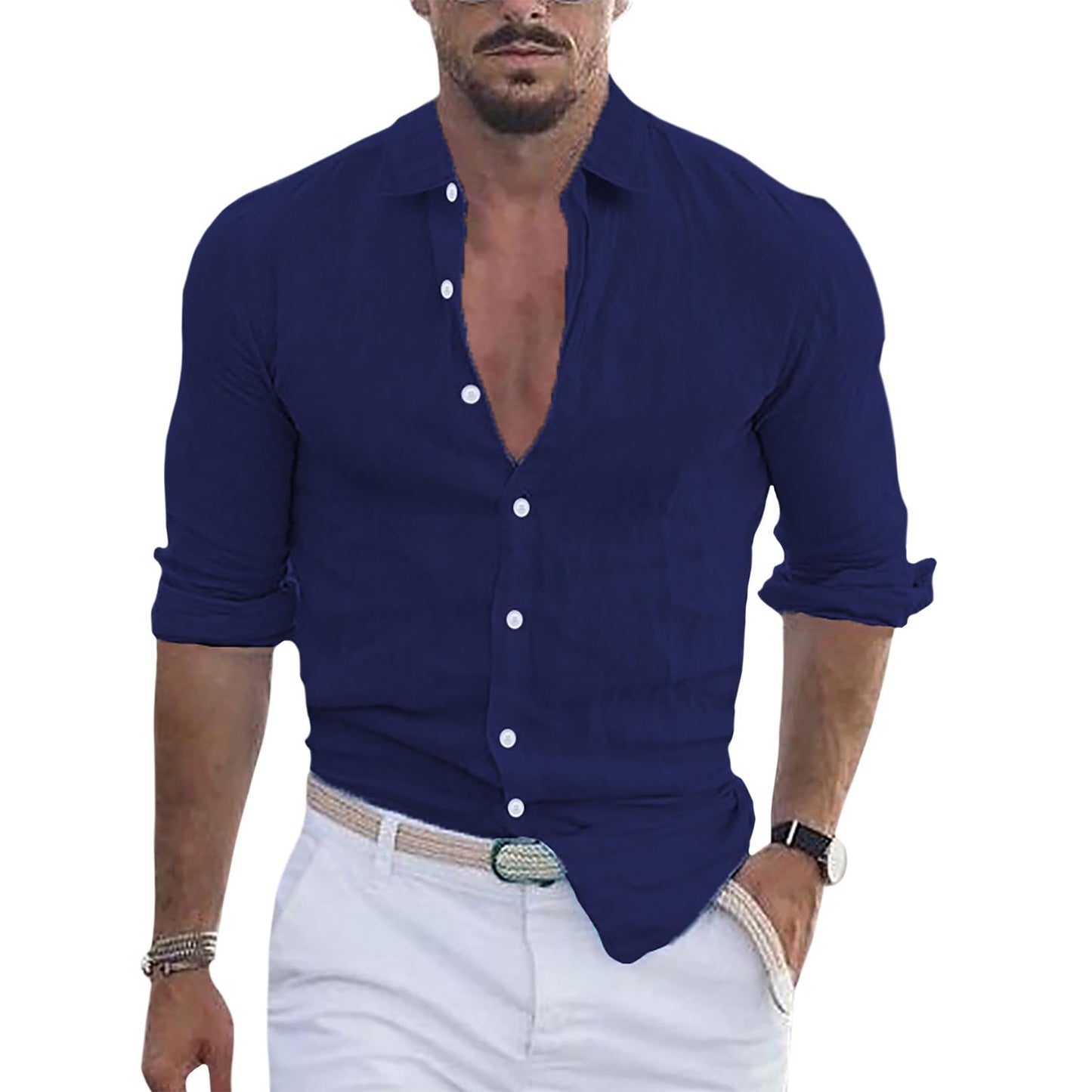 GYMTSL Mens Button Down Shirt Casual Summer Long Sleeve Business Dressy Blouse Solid Collar High Elastic Tops