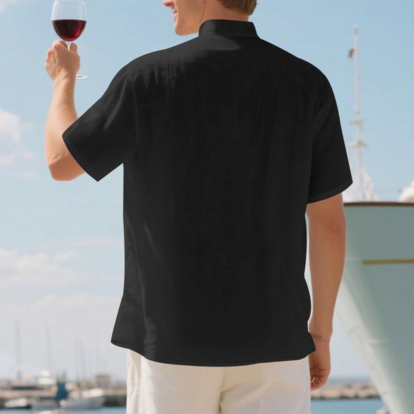 GYMBULL Linen Shirts for Men Fashion Solid Color Beach Summer Tops Casual Stand Collar Button Down Short Sleeve Henley Shirt