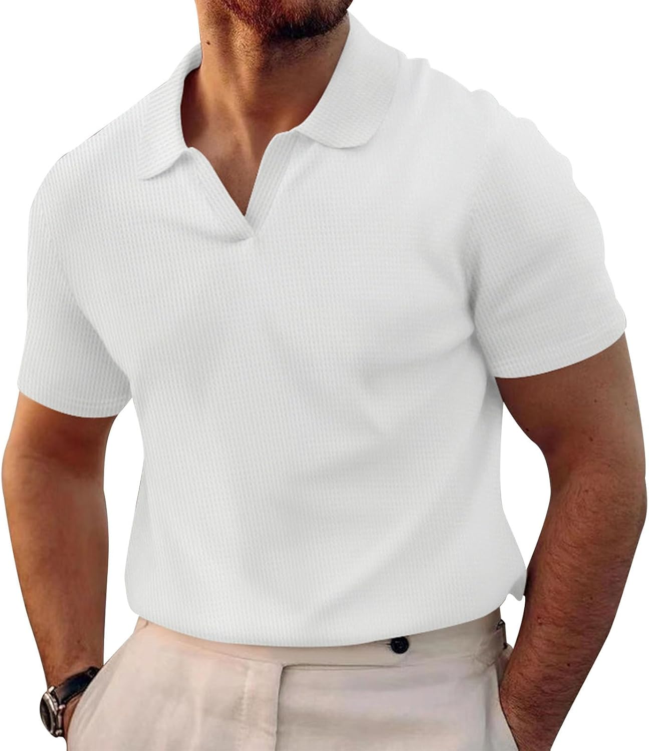 WAZZAP Polo Shirts for Men V Neck Pullover Waffle Casual Hippie Stretch Short Sleeve Business Summer Beach Workout Tops