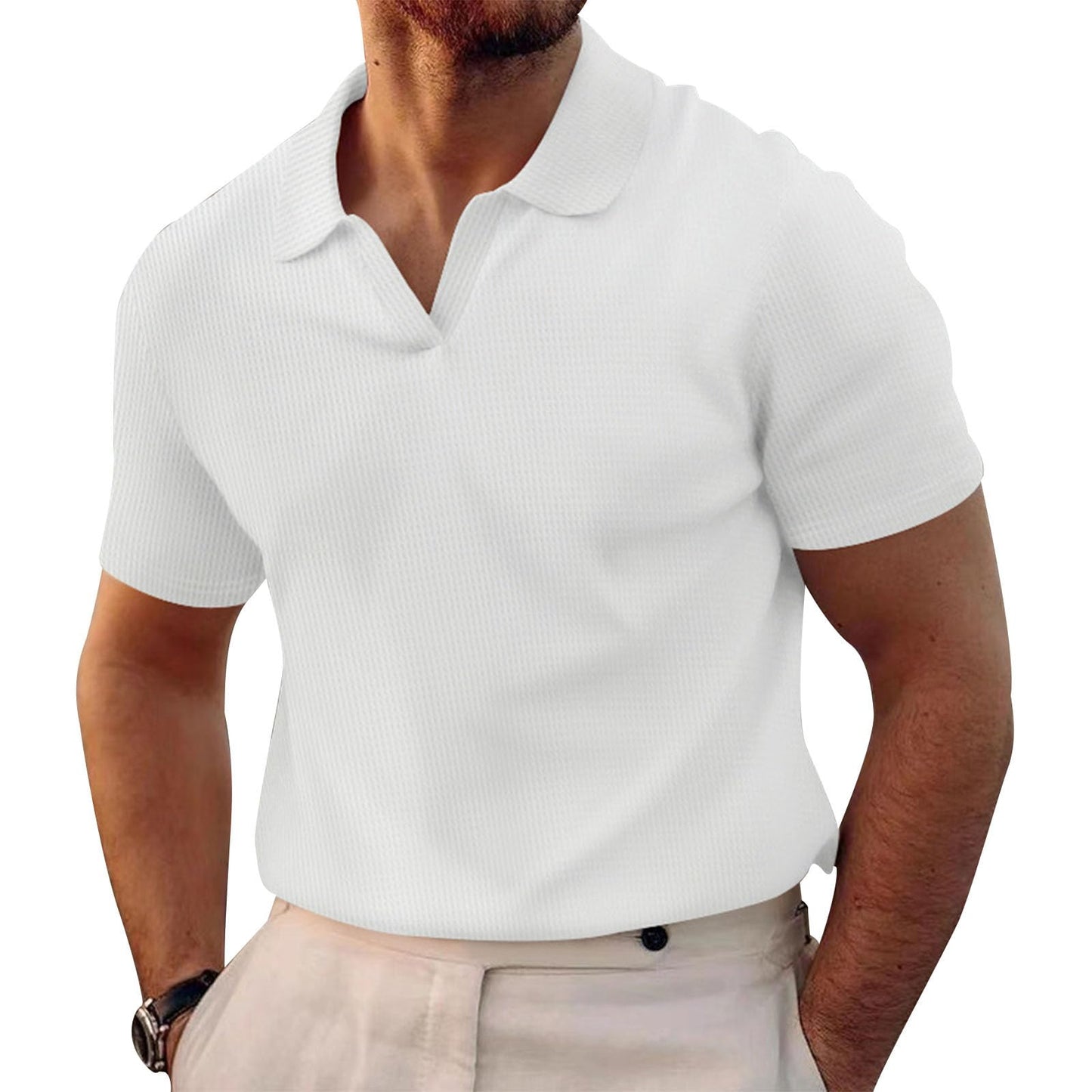 WAZZAP Polo Shirts for Men V Neck Pullover Waffle Casual Hippie Stretch Short Sleeve Business Summer Beach Workout Tops