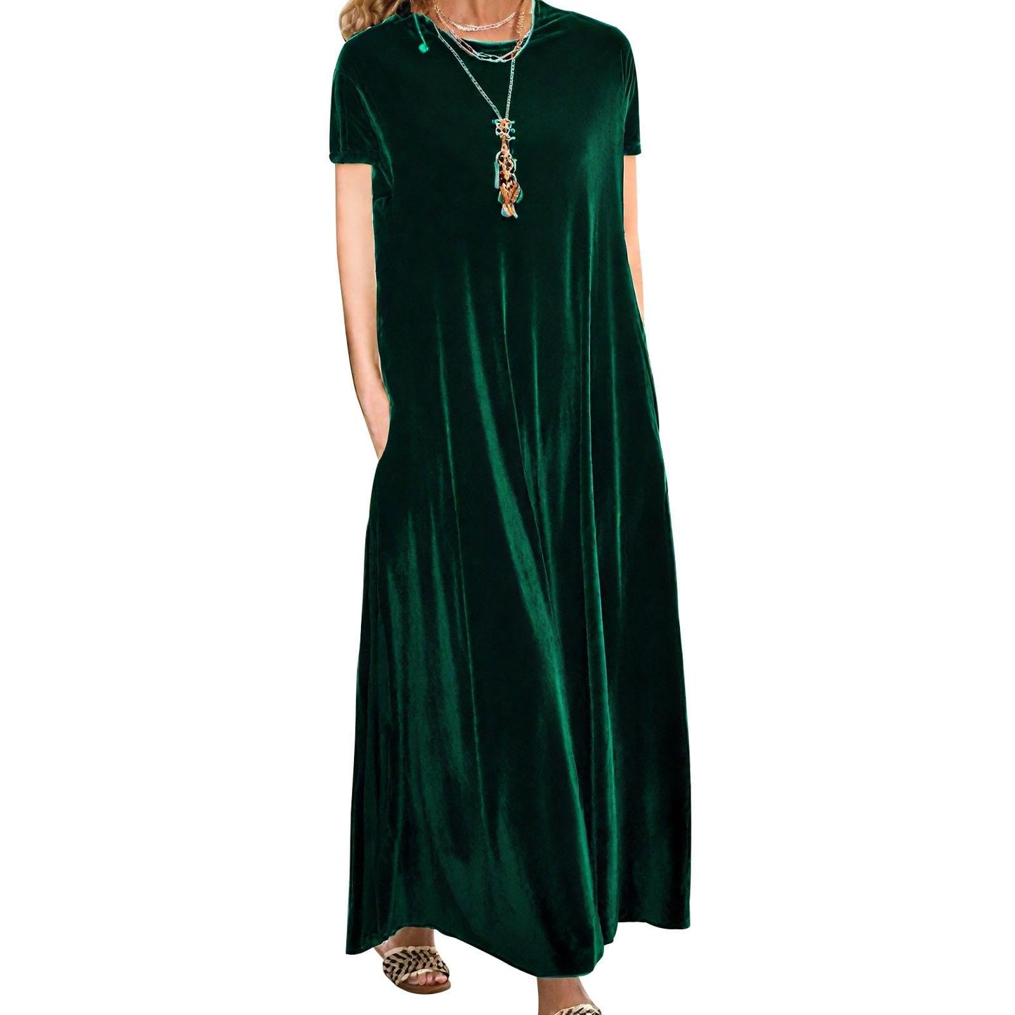 Embryform Velvet Dress for Women Spring Maxi Dress 2026 Plus Size Short Sleeve Velvet Casual Loose Elegant Crew Neck with Pocket