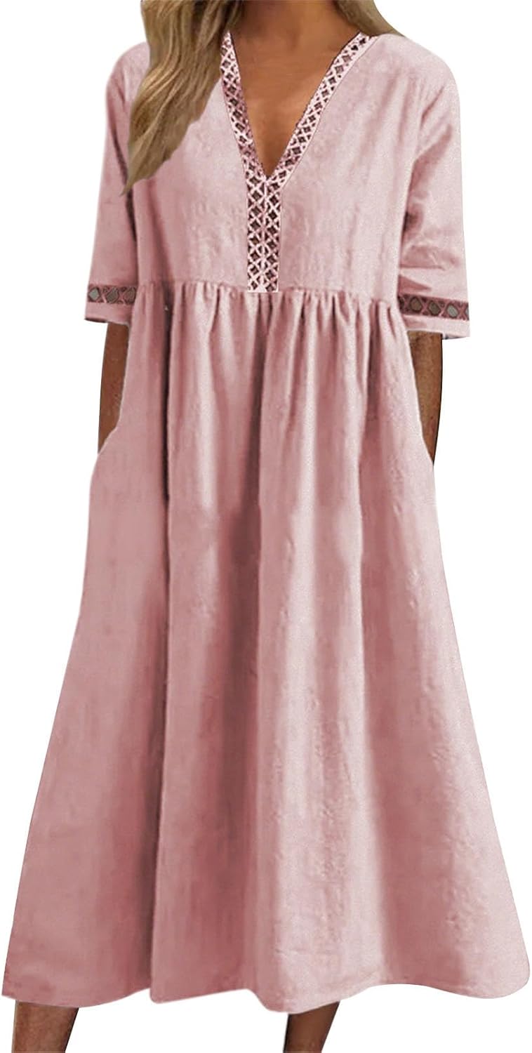 FONDBERYL Women's Cotton V Neck Long Flowy Loose Dress, Short Sleeve Plus Size Elegant Casual Wedding Guest Sun Dress 2026