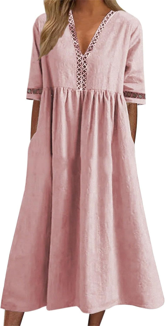 FONDBERYL Women's Cotton V Neck Long Flowy Loose Dress, Short Sleeve Plus Size Elegant Casual Wedding Guest Sun Dress 2026