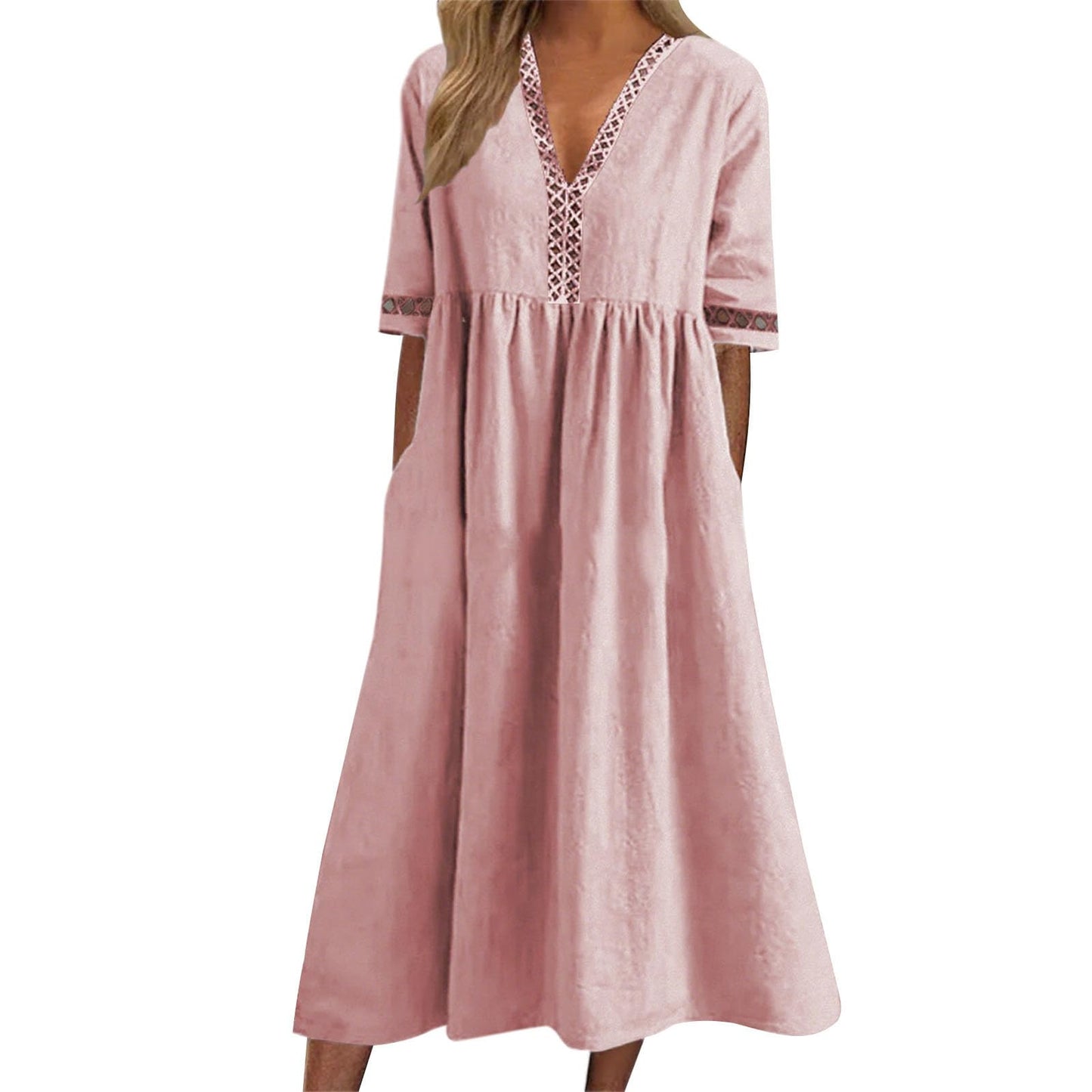 FONDBERYL Women's Cotton V Neck Long Flowy Loose Dress, Short Sleeve Plus Size Elegant Casual Wedding Guest Sun Dress 2026
