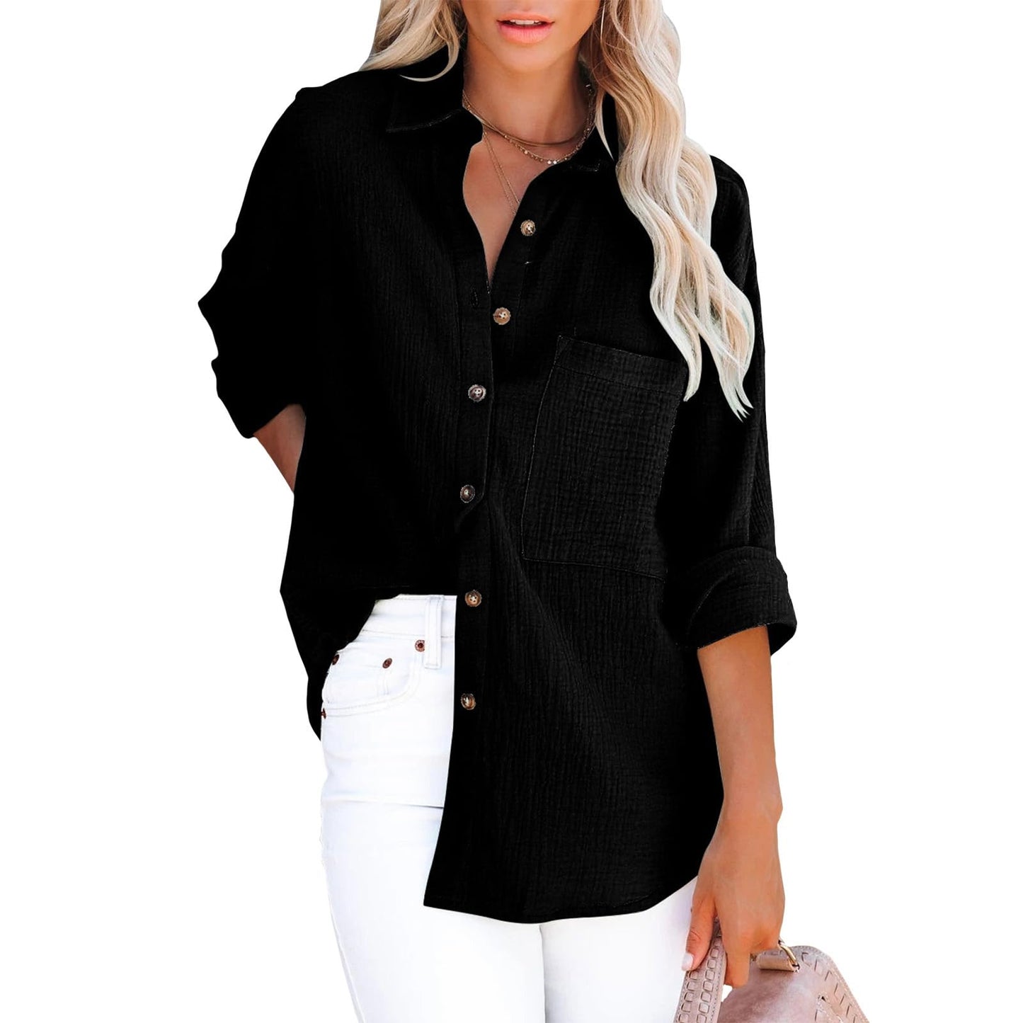 Bejirog Button Down Blouses for Women Dressy Casual, V Neck Long Sleeve Shirt Collared Blouse Trendy Spring Fall Tops