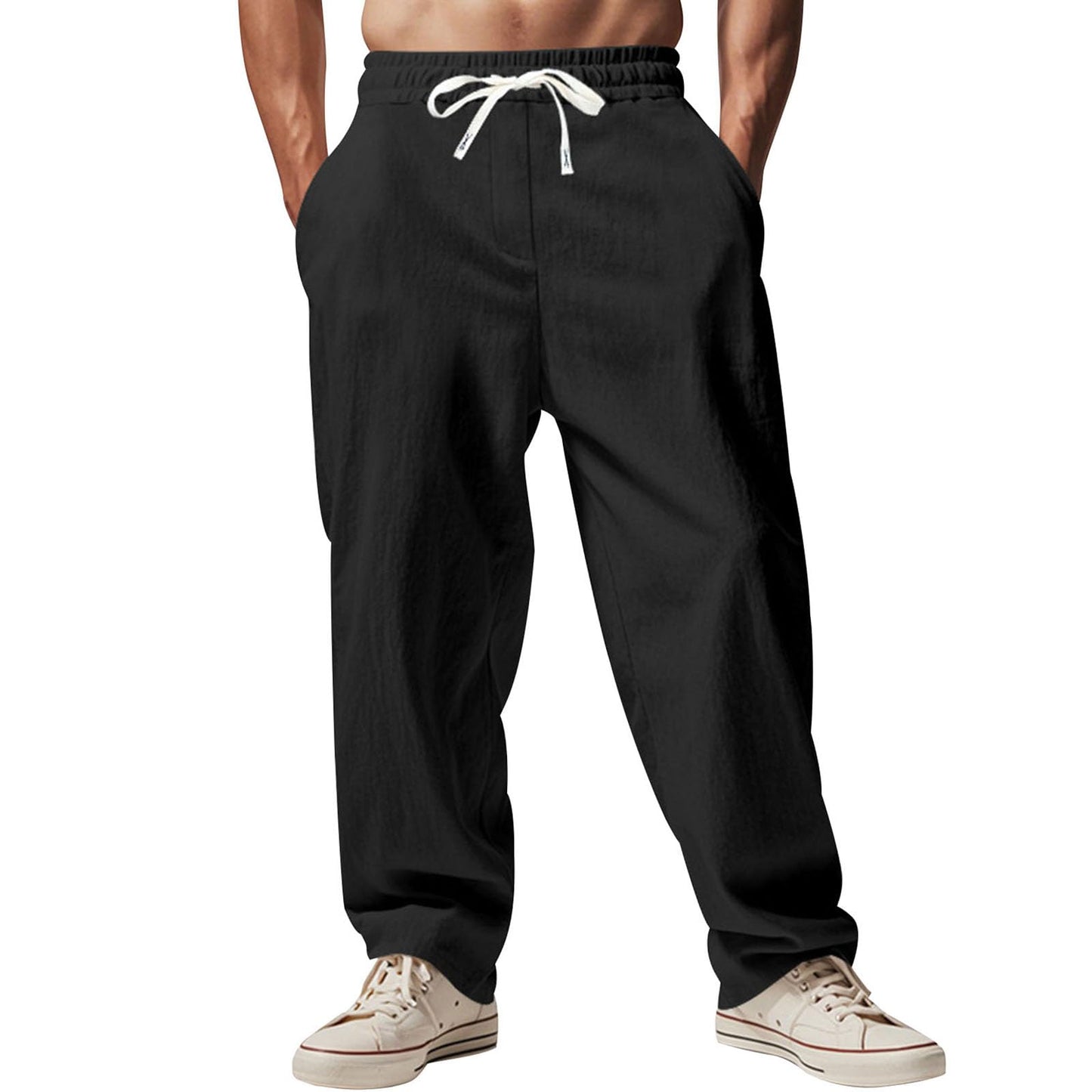 Alivebody Mens Linen Pants Straight-Legs Elastic Waist Casual Summer Beach Pants Drawstring Lightweight Trousers with Pockets