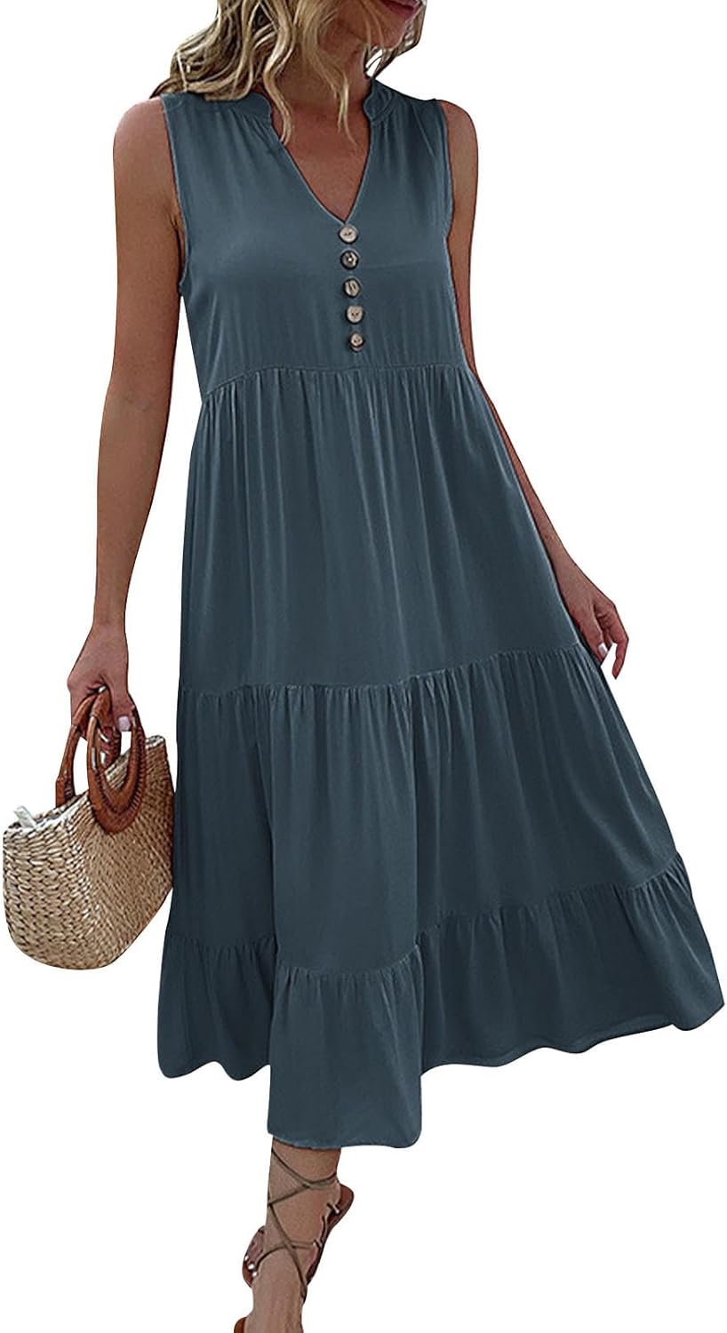 FONDBERYL Sleeveless Midi Dress for Women, V Neck Tank Dress with Tiered Ruffle Hem Flowy A Line Casual Spring Summer Dresses