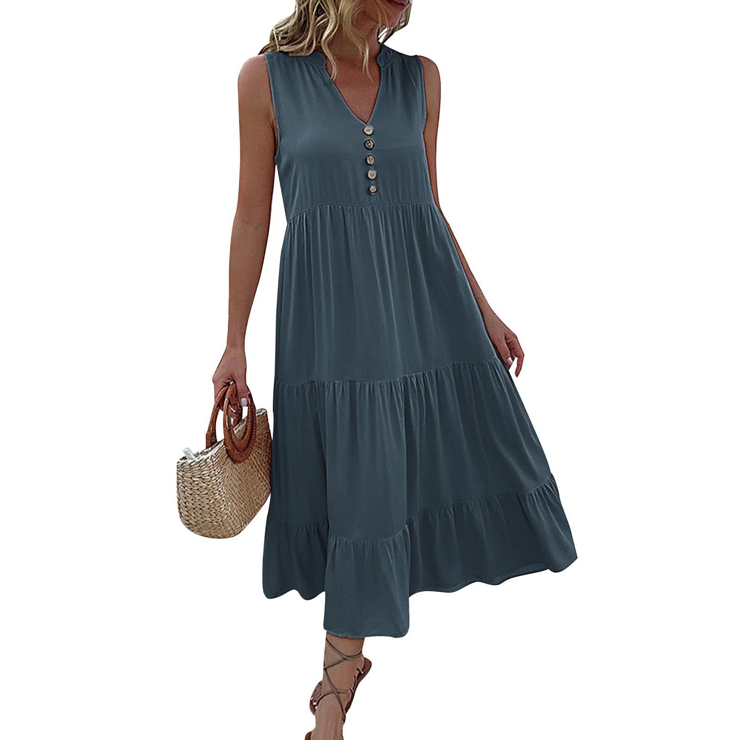 FONDBERYL Sleeveless Midi Dress for Women, V Neck Tank Dress with Tiered Ruffle Hem Flowy A Line Casual Spring Summer Dresses