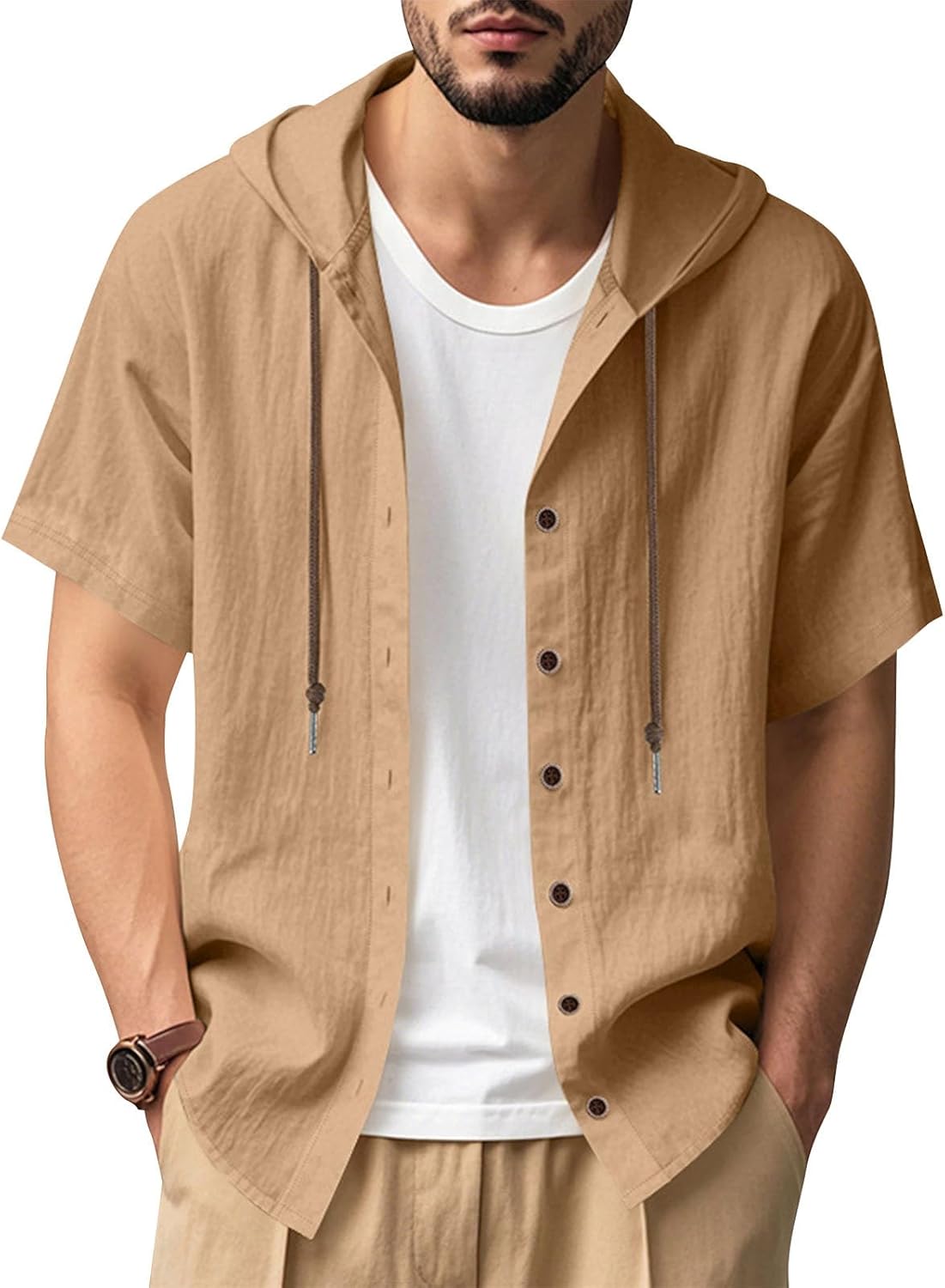 JiffPom Mens Shirts Solid Color Linen Short Sleeve Casual Loose Fit Button Down Shirts with Hoodies Summer Beach Tops