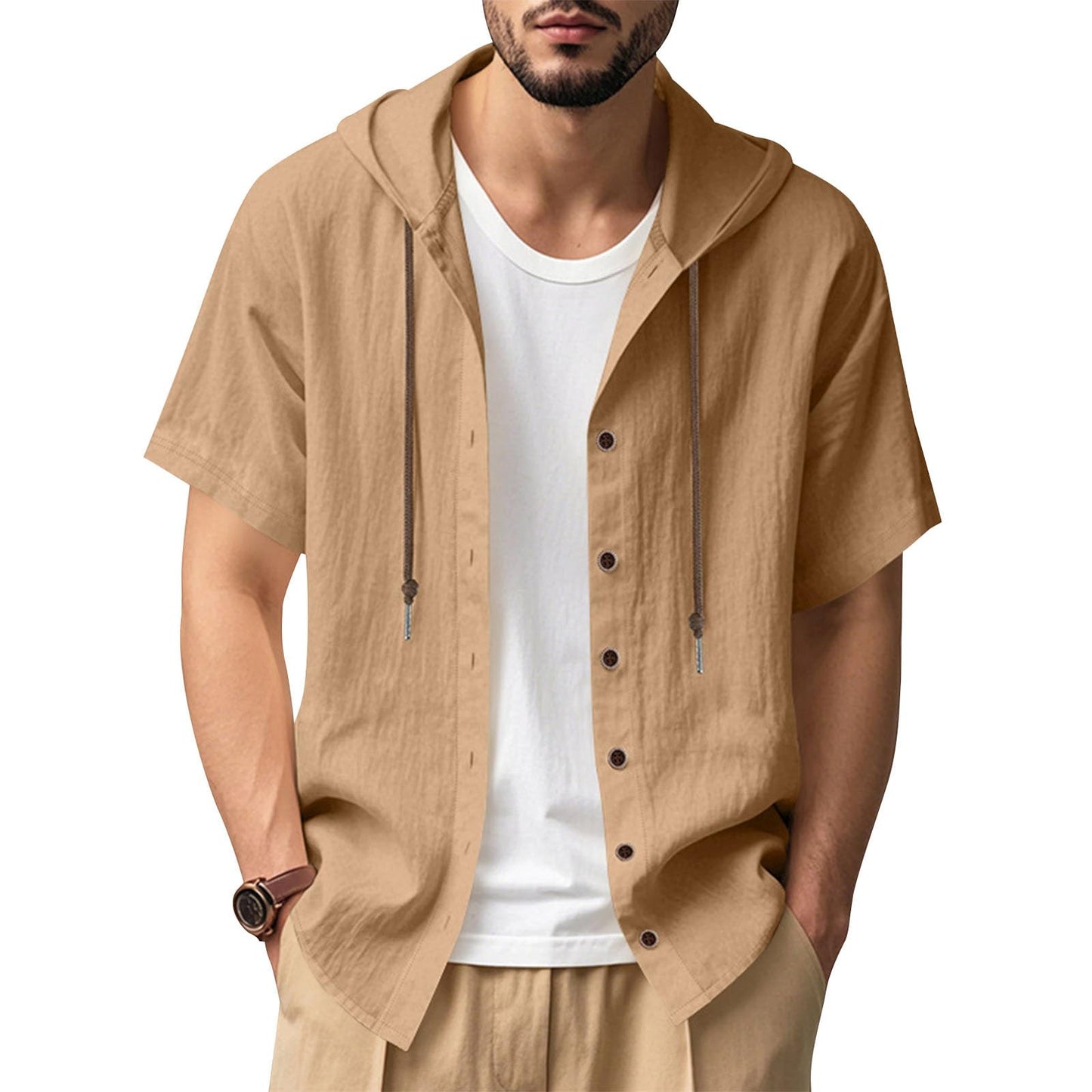 JiffPom Mens Shirts Solid Color Linen Short Sleeve Casual Loose Fit Button Down Shirts with Hoodies Summer Beach Tops