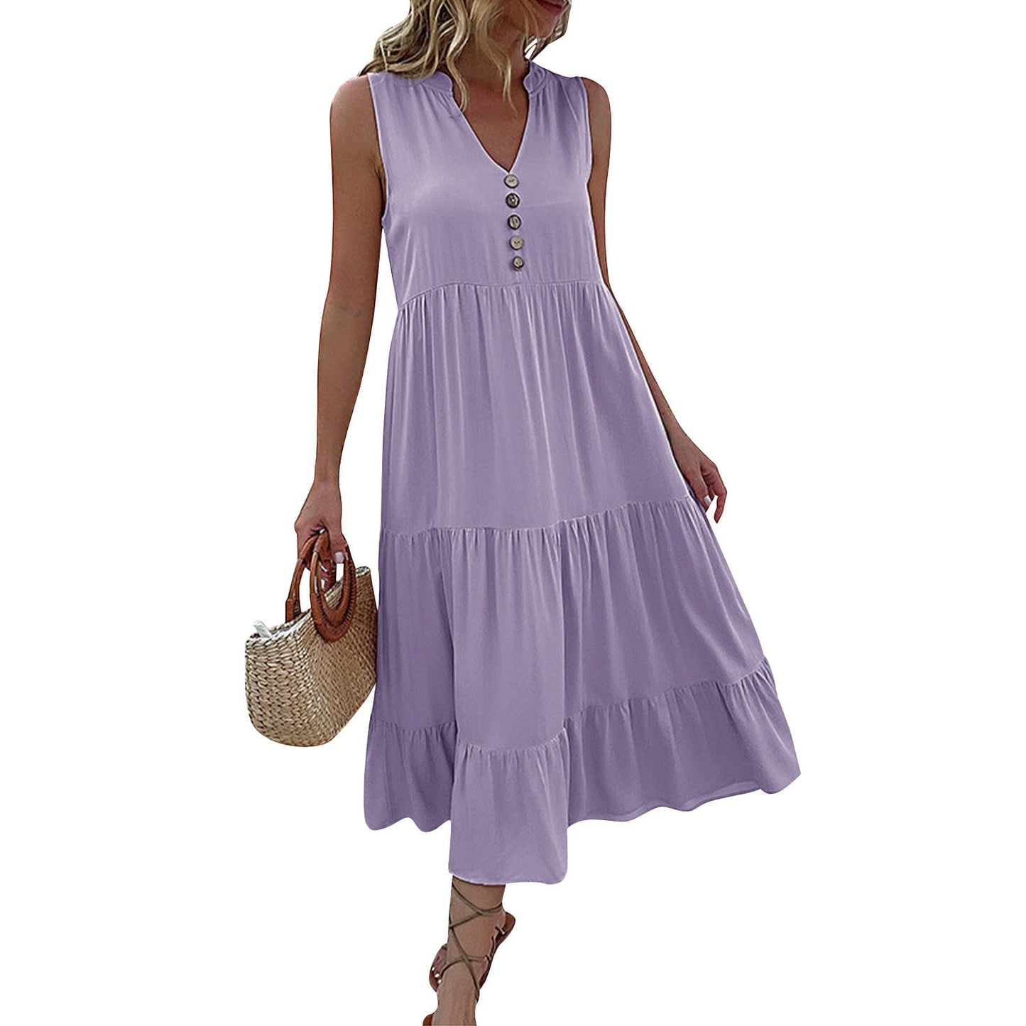 FONDBERYL Sleeveless Midi Dress for Women, V Neck Tank Dress with Tiered Ruffle Hem Flowy A Line Casual Spring Summer Dresses