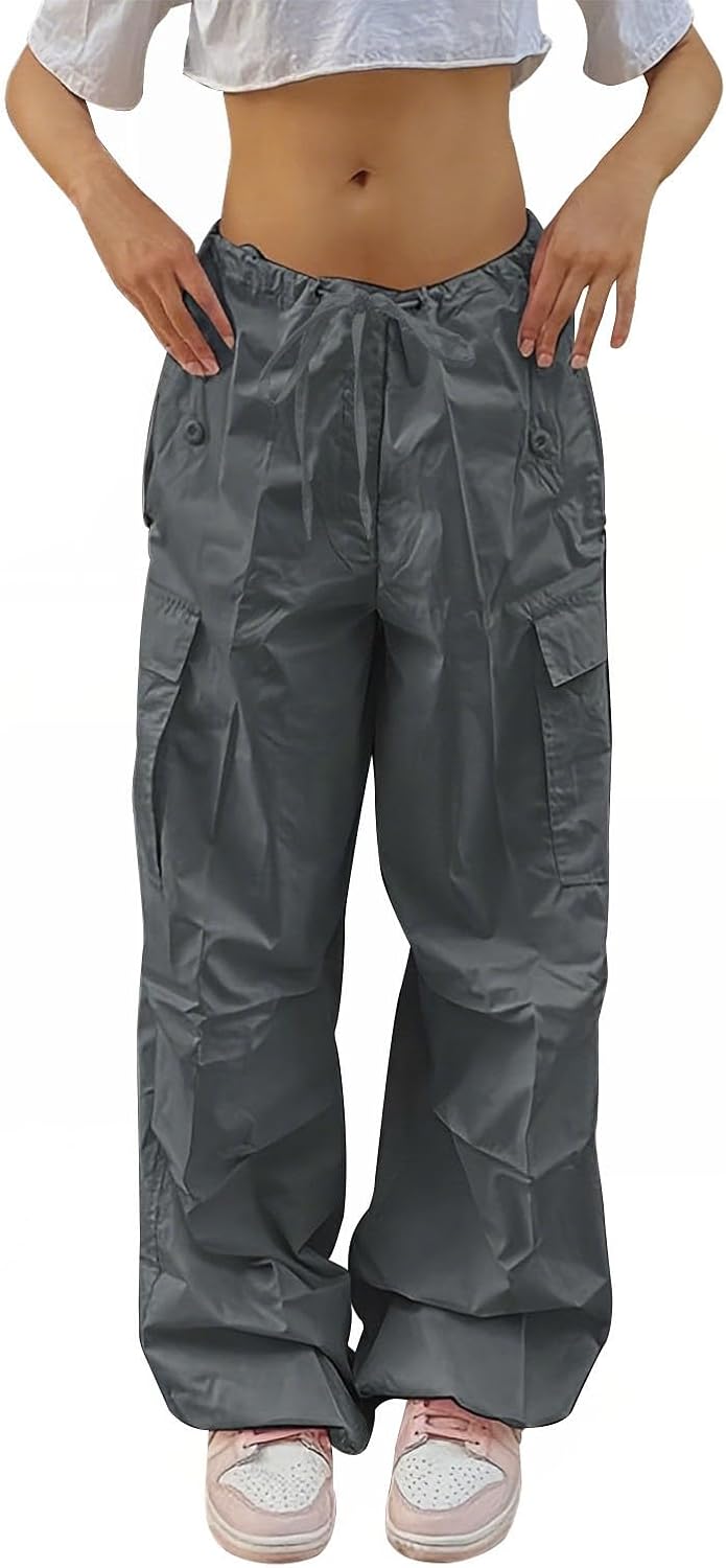 Reigee Women's Parachute Pants,Low Rised Baggy Cargo Pants with Drawstring for Women Y2K Streetwear Wide Leg Trousers