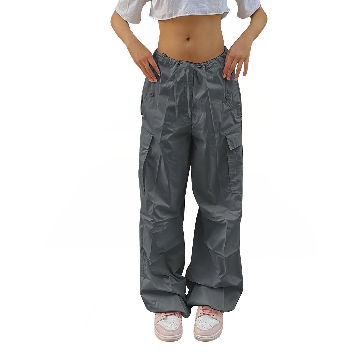 Reigee Women's Parachute Pants,Low Rised Baggy Cargo Pants with Drawstring for Women Y2K Streetwear Wide Leg Trousers