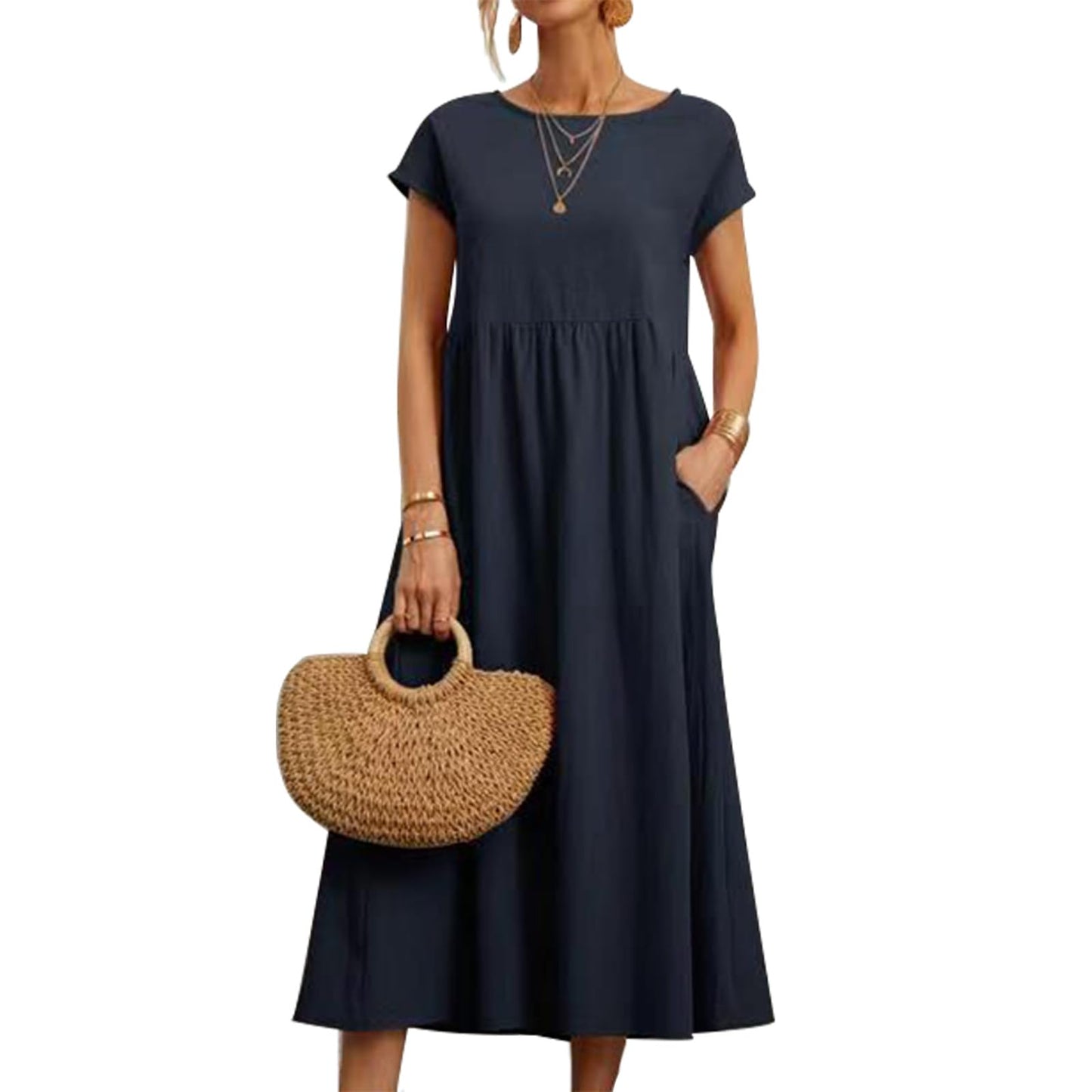 FONDBERYL Cotton Linen Dress for Women Short Sleeve Casual Crew Neck Loose Maxi Summer 2026 Beach Vacation Dress with Pockets