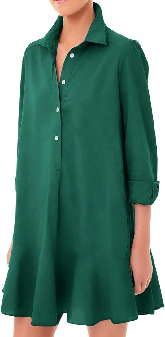 JiffPom Tunic Shirt Dress for Women, Casual Cotton Linen Button Up Long Sleeve Mini Shift Dress with Ruffle Hem and Pockets