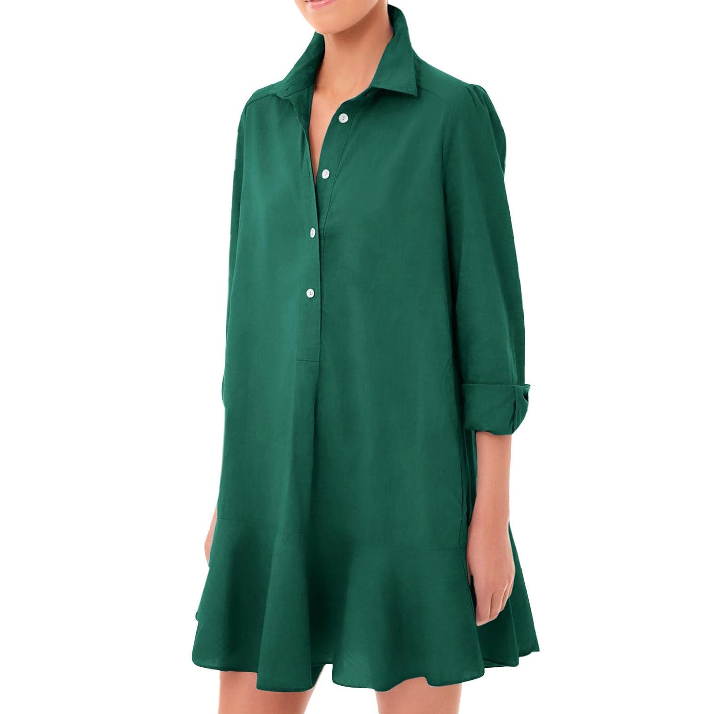 JiffPom Tunic Shirt Dress for Women, Casual Cotton Linen Button Up Long Sleeve Mini Shift Dress with Ruffle Hem and Pockets