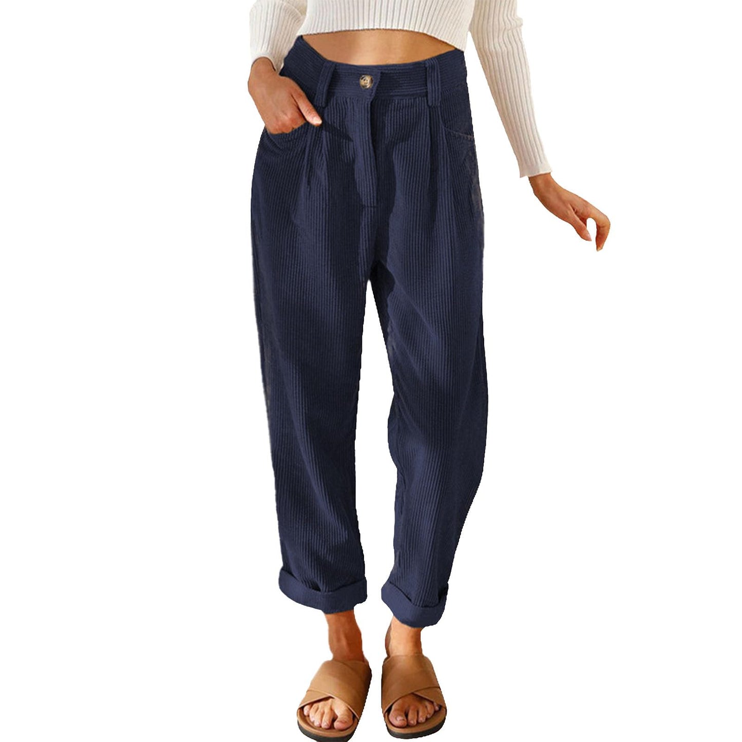 Reigee Womens Premium Corduroy Pants High Waist Wide Leg Trousers with Pockets Button Closure Elastic Waistband Casual Straight