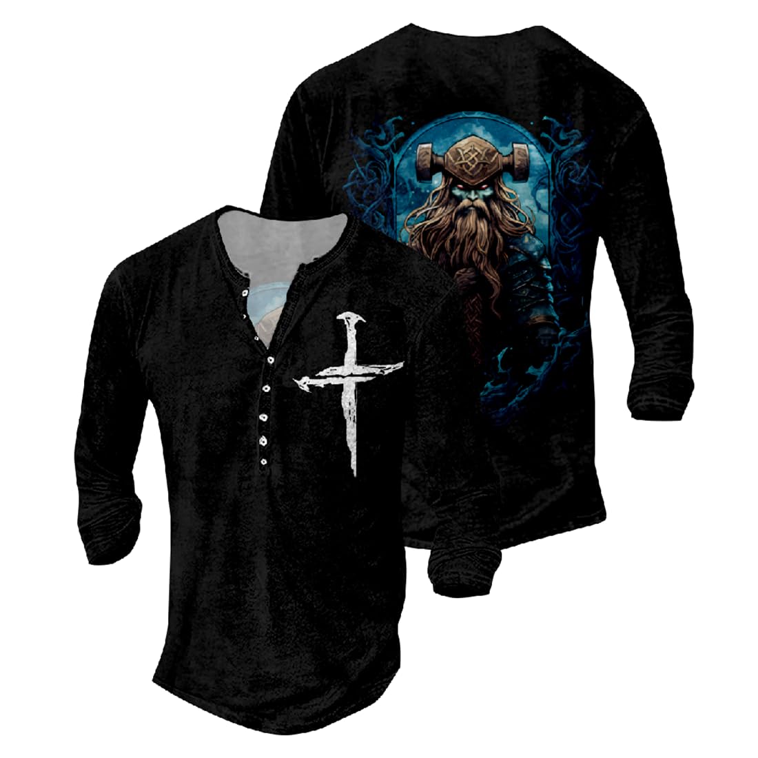 JiffPom Jesus Shirts for Men Distressed Henley Shirts Retro Cross Shirt Long Sleeve Shirt V Neck Button Down Washed T-Shirts
