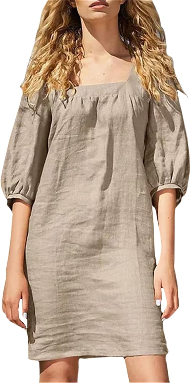 NAILONG Linen Mini Dress Women, Short Puff Sleeve Square Neck Elbow Sleeve Summer Casual Loose Beach Vacation Dress 2026