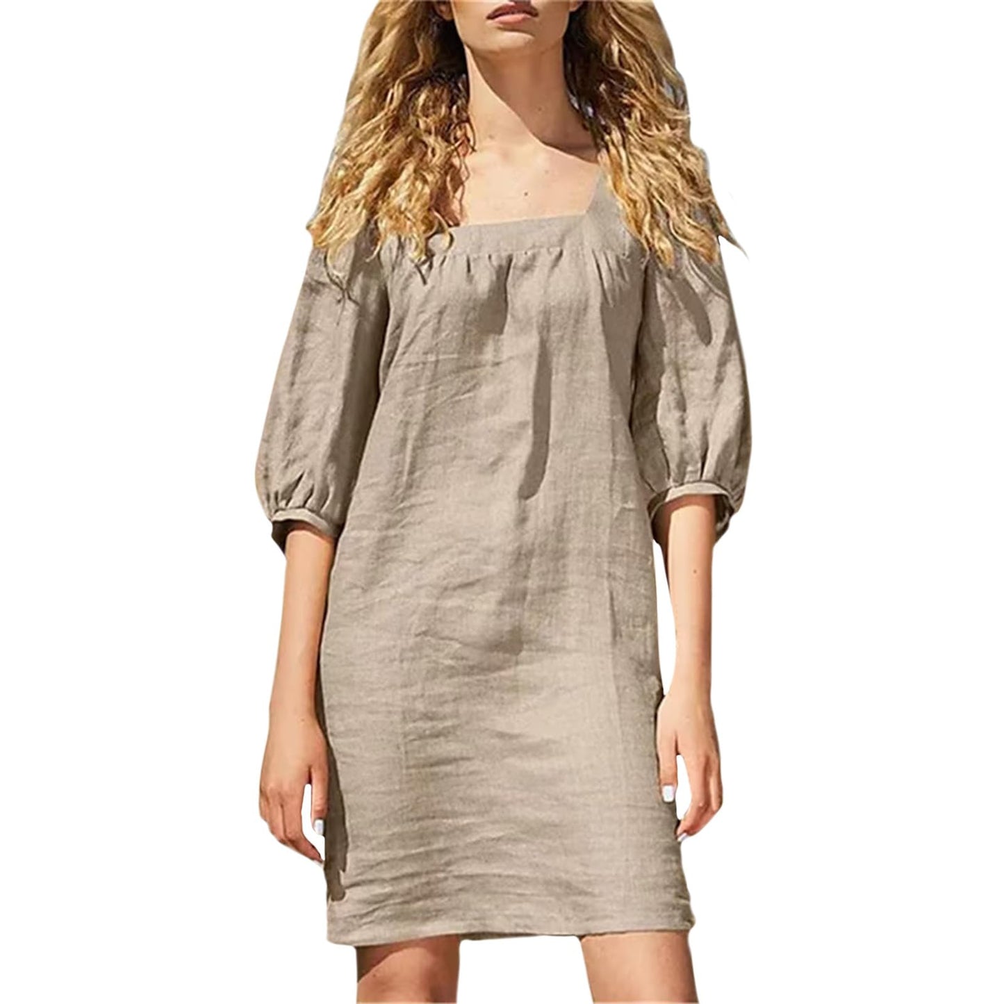 NAILONG Linen Mini Dress Women, Short Puff Sleeve Square Neck Elbow Sleeve Summer Casual Loose Beach Vacation Dress 2026