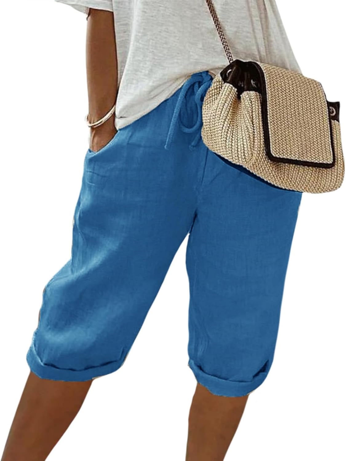 FONDBERYL Womens Cotton Linen Shorts Knee Length Drawstring Elastic Waist Summer Casual Gym Going Out Shorts with Pockets