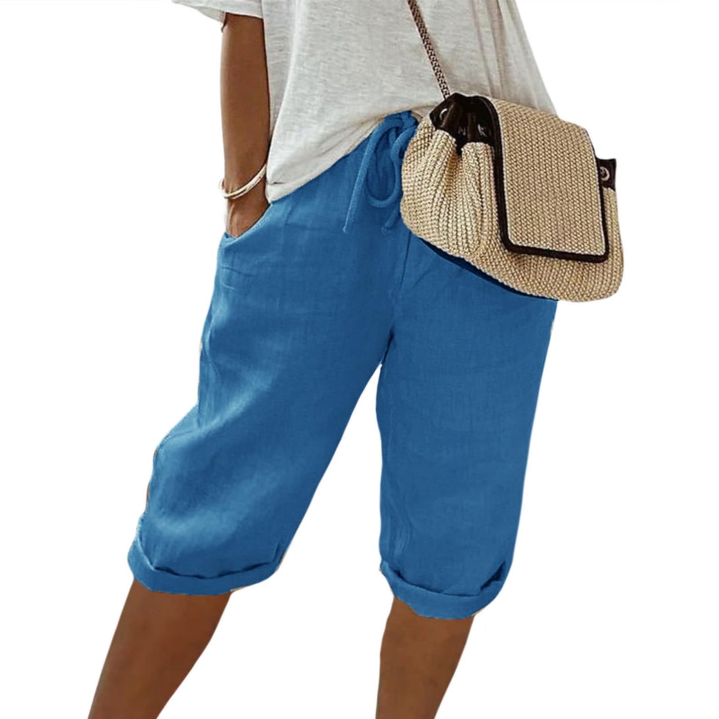 FONDBERYL Womens Cotton Linen Shorts Knee Length Drawstring Elastic Waist Summer Casual Gym Going Out Shorts with Pockets
