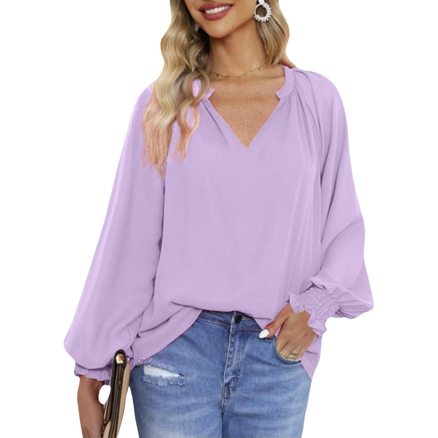 Gymrex Pleated Tops for Women - Lantern Sleeve Top V Neck Pleated Blouse Spring 2026 Trendy Long Sleeve Plus Size Shirt