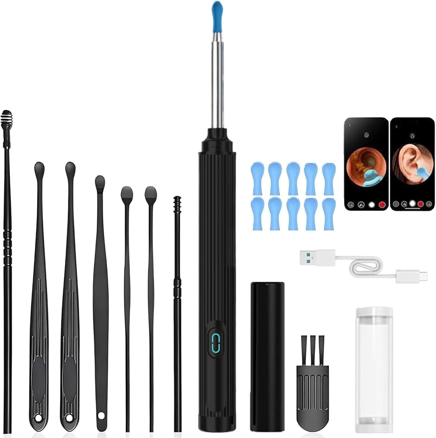 gukoo 10MP HD Ear Cleaner with Camera and Light, 2-in-1 Ear Wax Removal Kit with Camera, Precision Tweezers & Silicone Scoop, Wireless & Easy to Use, IP67 Waterproof Lens (Black)