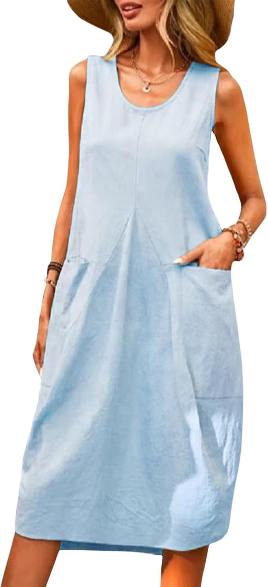 NAILONG Midi Tank Dress for Women with Pockets - Loose Scoop Neck Sleeveless Summer Casual Cotton Beach Vacation Dress 2026