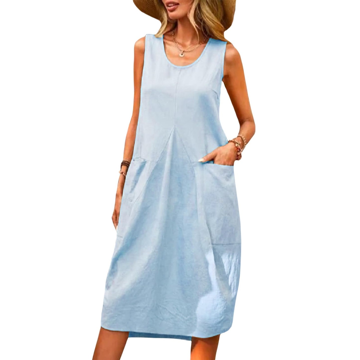 NAILONG Midi Tank Dress for Women with Pockets - Loose Scoop Neck Sleeveless Summer Casual Cotton Beach Vacation Dress 2026
