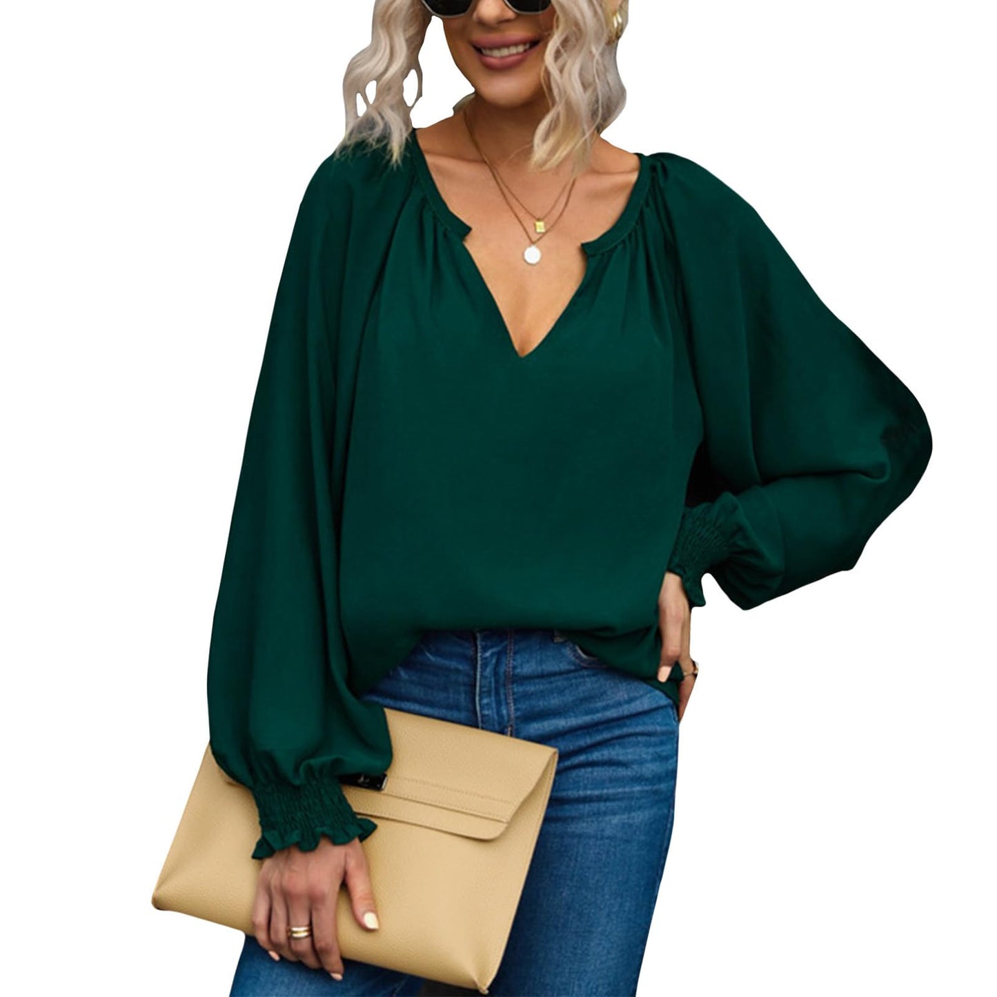 Gymrex Pleated Tops for Women - Lantern Sleeve Top V Neck Pleated Blouse Spring 2026 Trendy Long Sleeve Plus Size Shirt