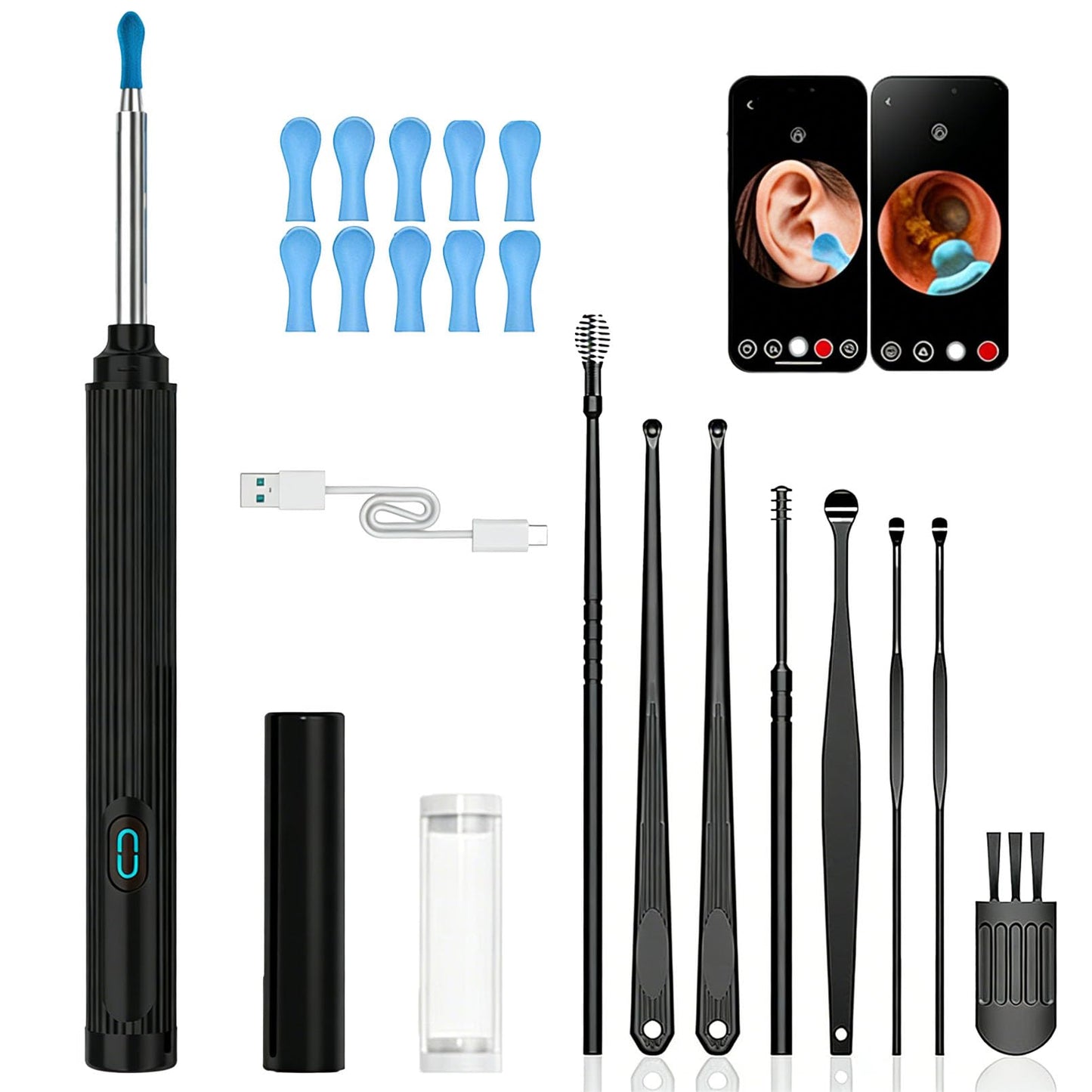 gukoo Ear Wax Removal Kit, 10MP HD Wireless Ear Cleaner with LED Light & Camera, 2-in-1 with Tweezers & Silicone Scoop, IP67 Waterproof (Black, 6 Scoops)