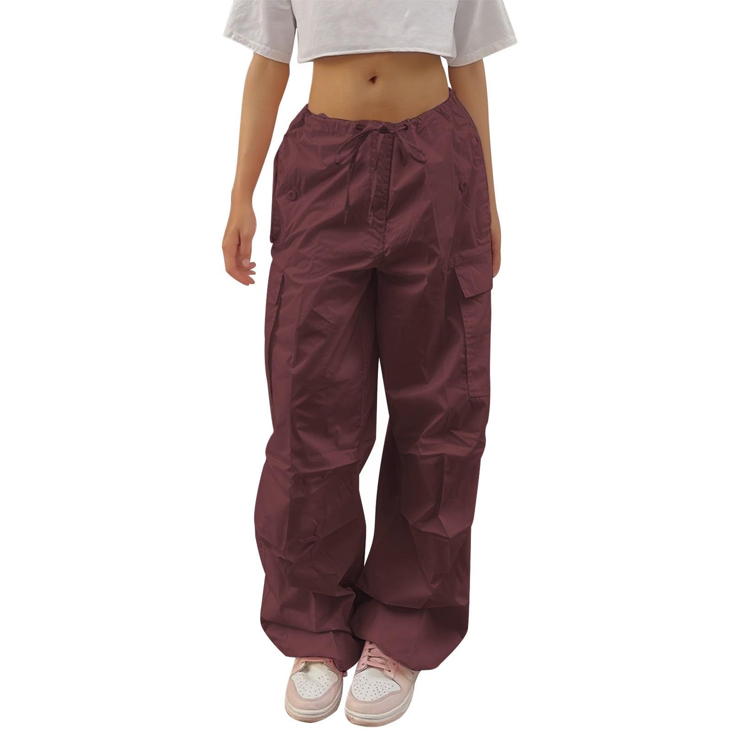 Reigee Women's Parachute Pants,Low Rised Baggy Cargo Pants with Drawstring for Women Y2K Streetwear Wide Leg Trousers