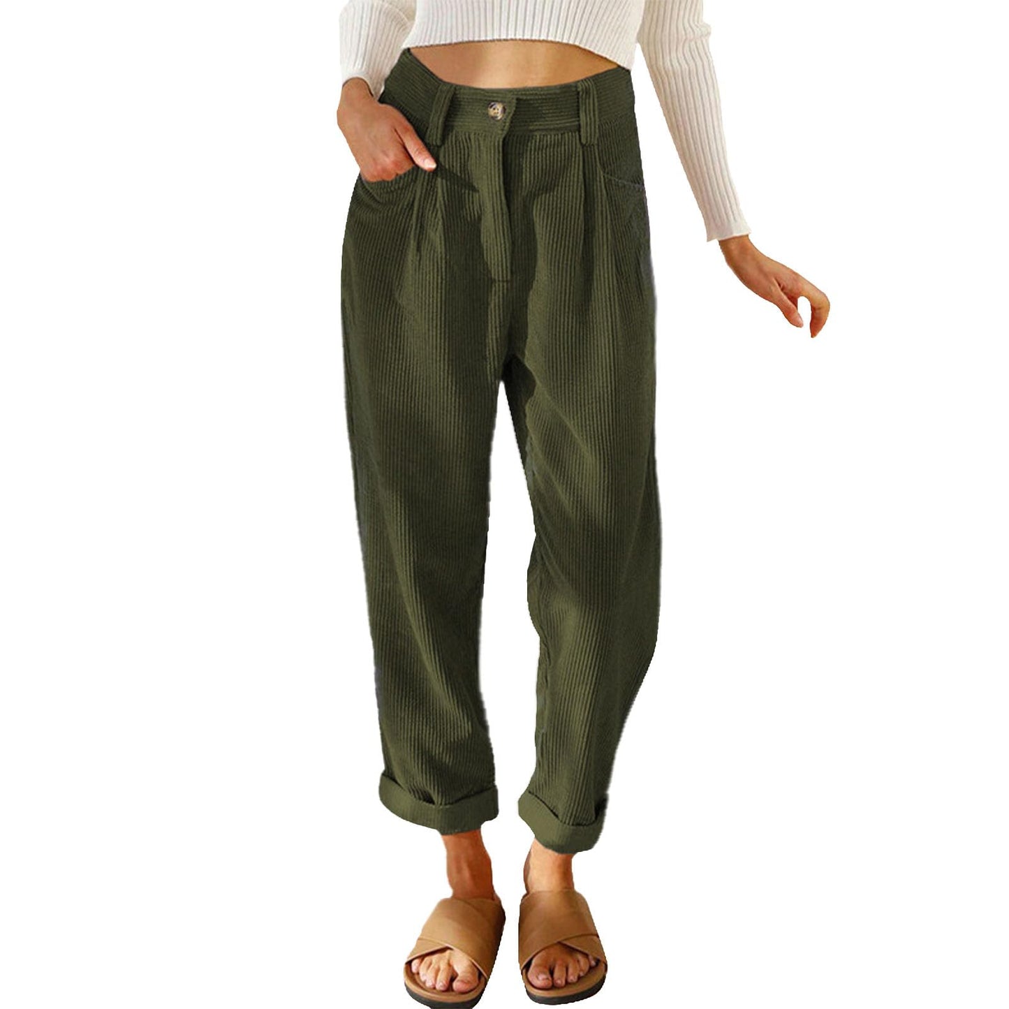 Reigee Womens Premium Corduroy Pants High Waist Wide Leg Trousers with Pockets Button Closure Elastic Waistband Casual Straight