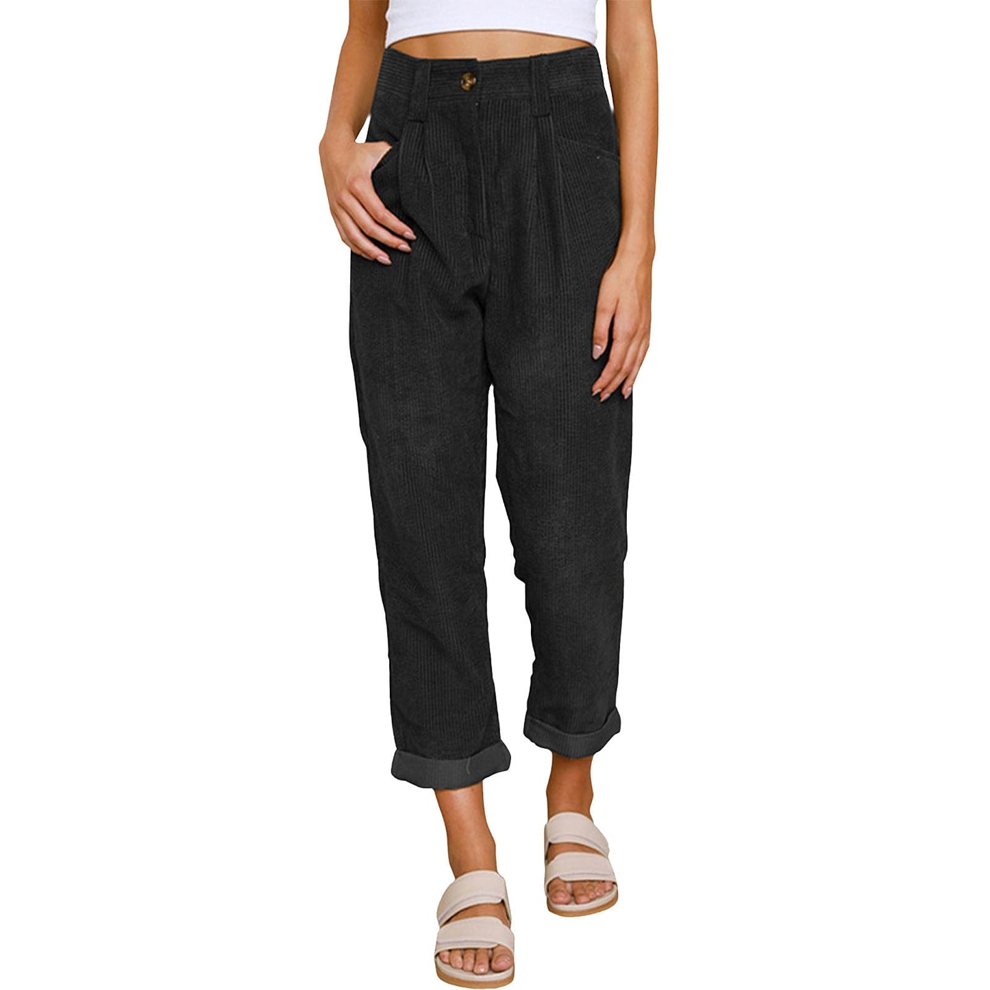 Reigee Womens Premium Corduroy Pants High Waist Wide Leg Trousers with Pockets Button Closure Elastic Waistband Casual Straight