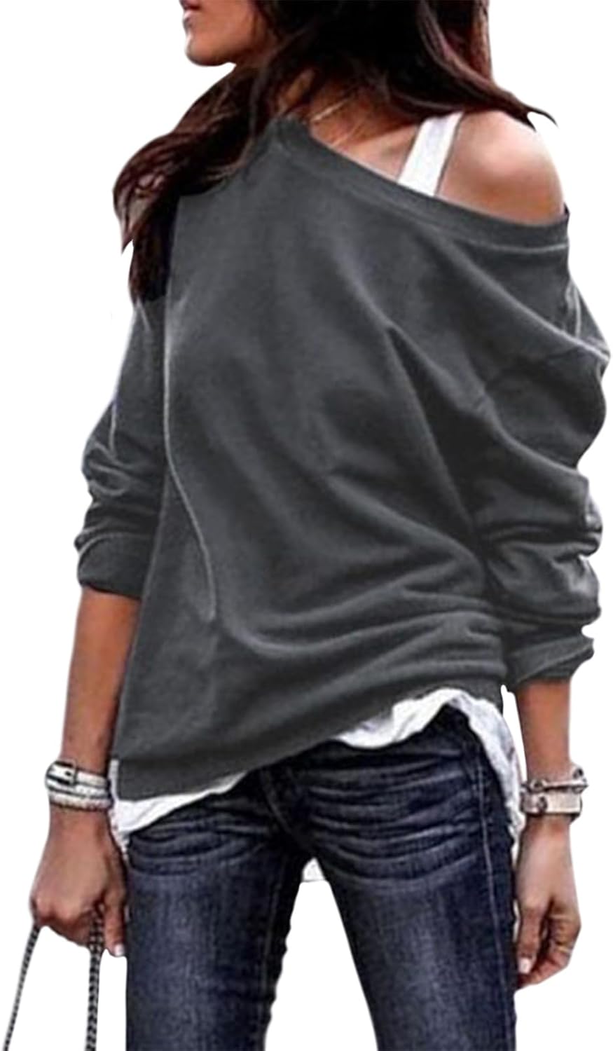 WAZZAP Off Shoulder Sweatshirt for Women, Baggy Oversized Crewneck Long Sleeve Shirt Loose Fit 2026 Fashion Tunic Tops