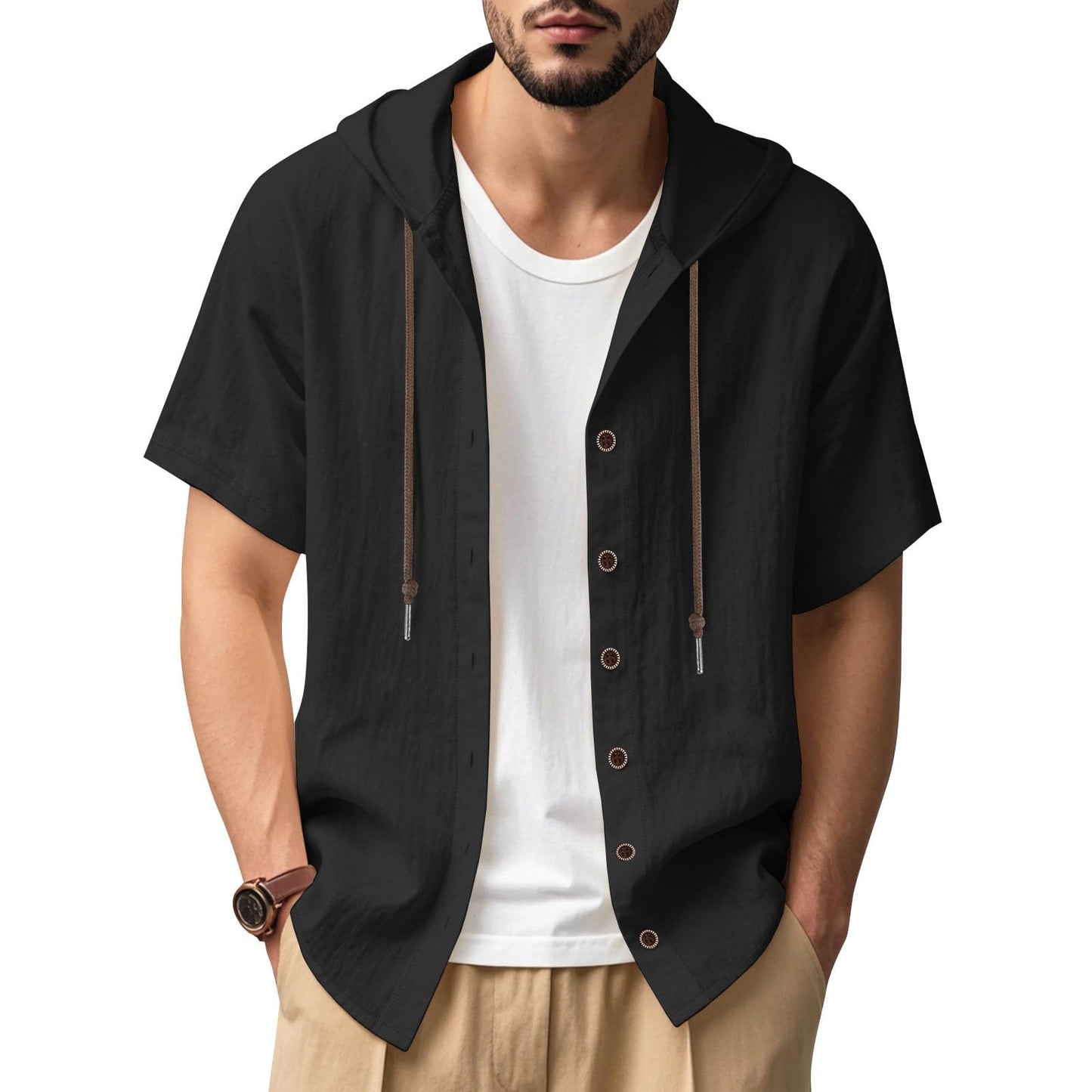 JiffPom Mens Shirts Solid Color Linen Short Sleeve Casual Loose Fit Button Down Shirts with Hoodies Summer Beach Tops