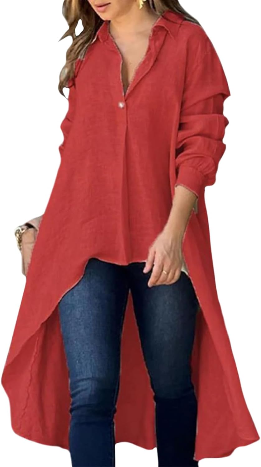 GYMBULL Long Button Down Shirt for Women Oversized Lightweight Irregular Hem Tunic Top Collared Loose Fit Casual Blouse