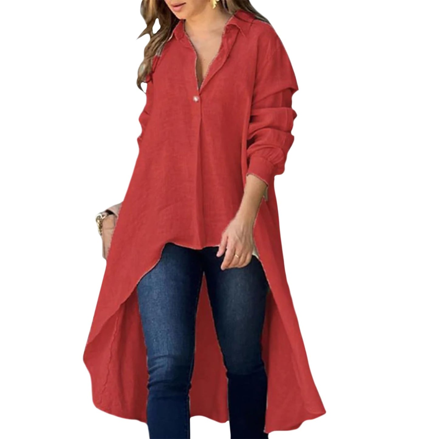 GYMBULL Long Button Down Shirt for Women Oversized Lightweight Irregular Hem Tunic Top Collared Loose Fit Casual Blouse