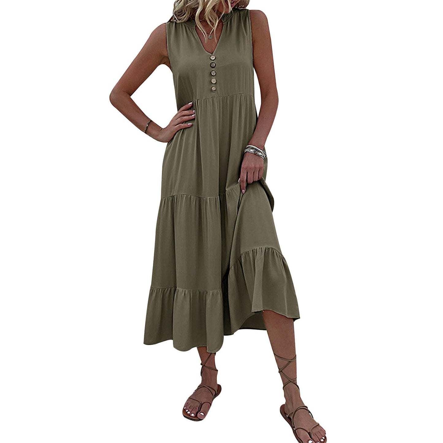 FONDBERYL Sleeveless Midi Dress for Women, V Neck Tank Dress with Tiered Ruffle Hem Flowy A Line Casual Spring Summer Dresses