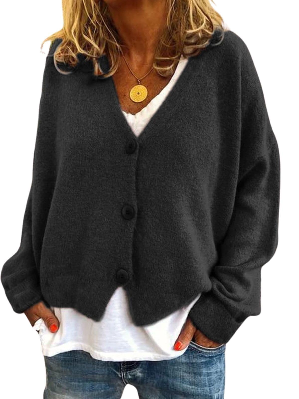 GYMTANK Women's V-Neck Cardigan | Lightweight Knit Button Down Fall Sweater | Casual Soft Open Front Sweater