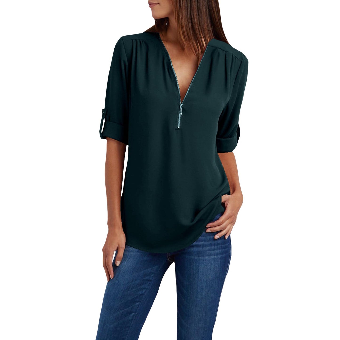 WAZZAP Women‘s Chiffon Tops, Zip Up V Neck Long Sleeve Shirt Roll Up Sleeve Loose Fit Tunic Tops Casual Trendy Chiffon Blouse