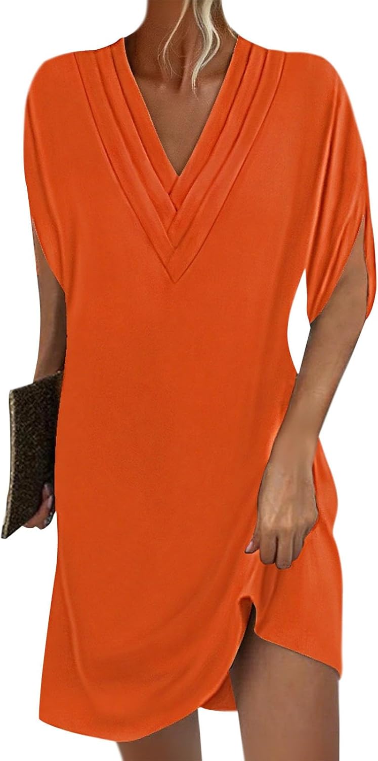 Embryform Soft Petal Sleeve V Neck Tunic Dress for Women 2026, Loose Casual Summer Midi Dress with Pockets