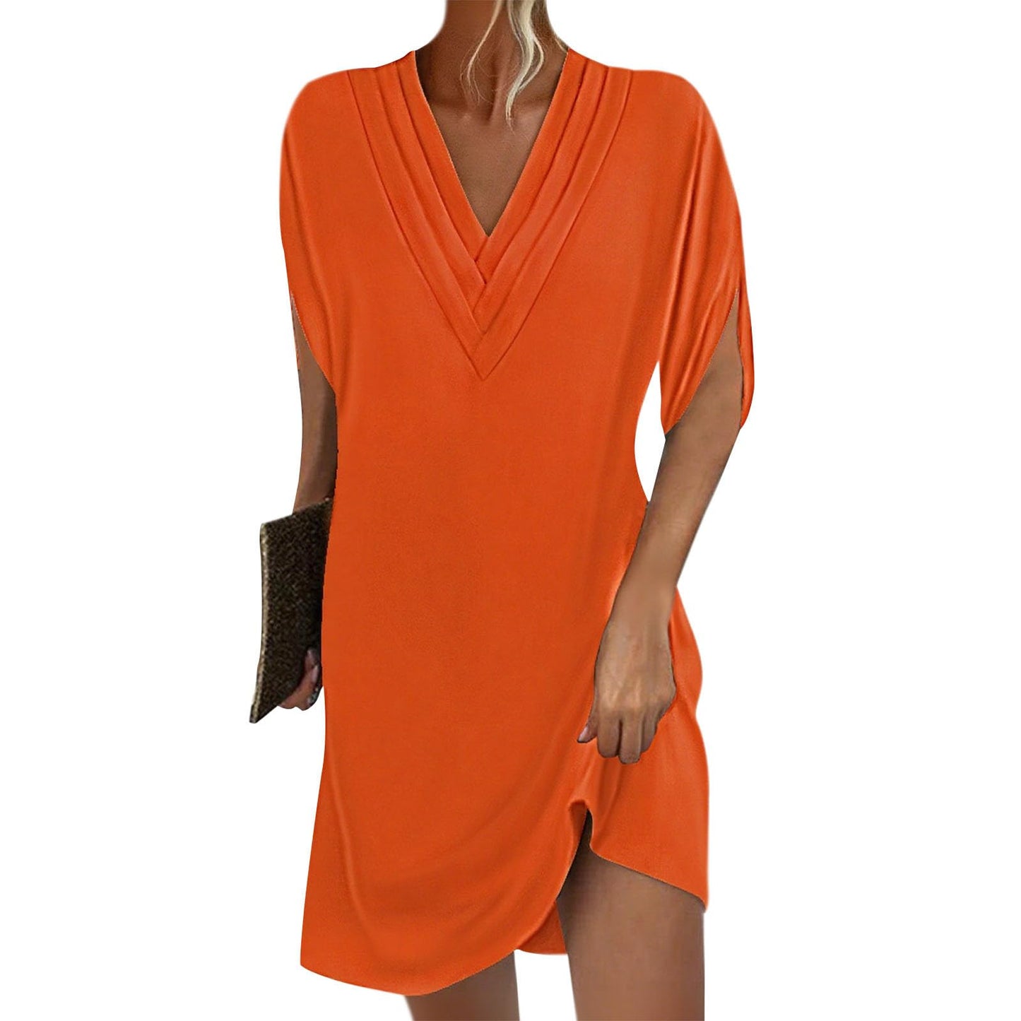 Embryform Soft Petal Sleeve V Neck Tunic Dress for Women 2026, Loose Casual Summer Midi Dress with Pockets