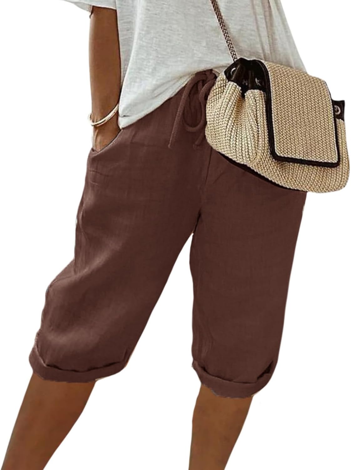 FONDBERYL Womens Cotton Linen Shorts Knee Length Drawstring Elastic Waist Summer Casual Gym Going Out Shorts with Pockets