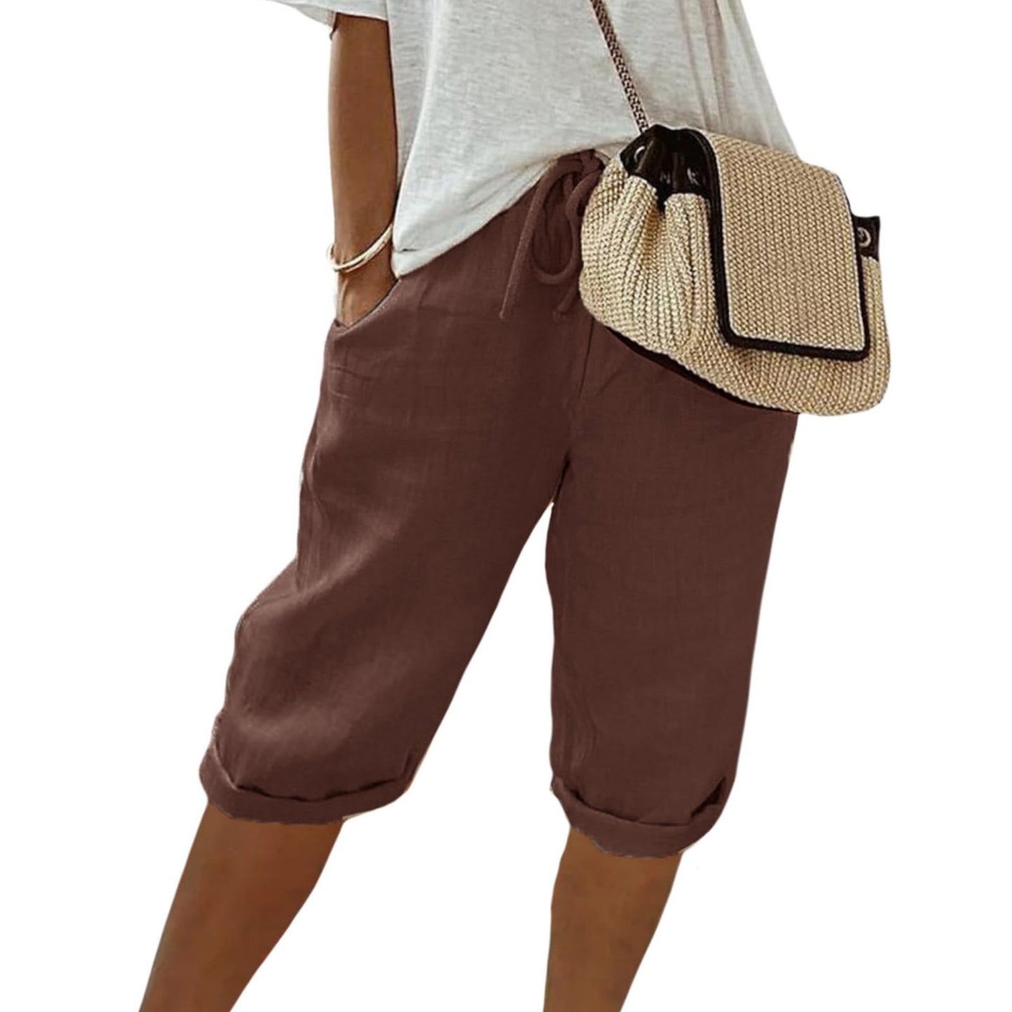 FONDBERYL Womens Cotton Linen Shorts Knee Length Drawstring Elastic Waist Summer Casual Gym Going Out Shorts with Pockets